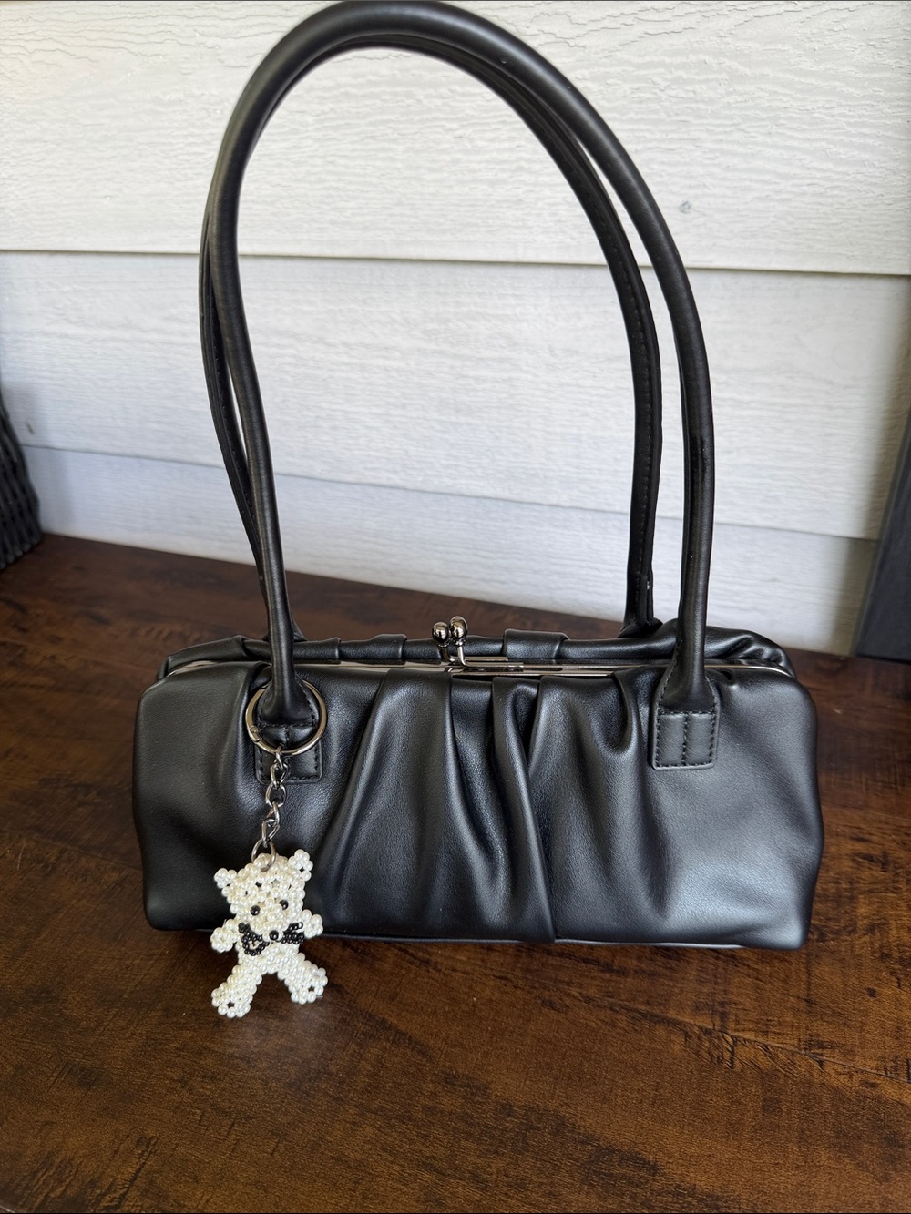 BCBG Black Pleated Shoulder Bag with Beaded Bear Charm